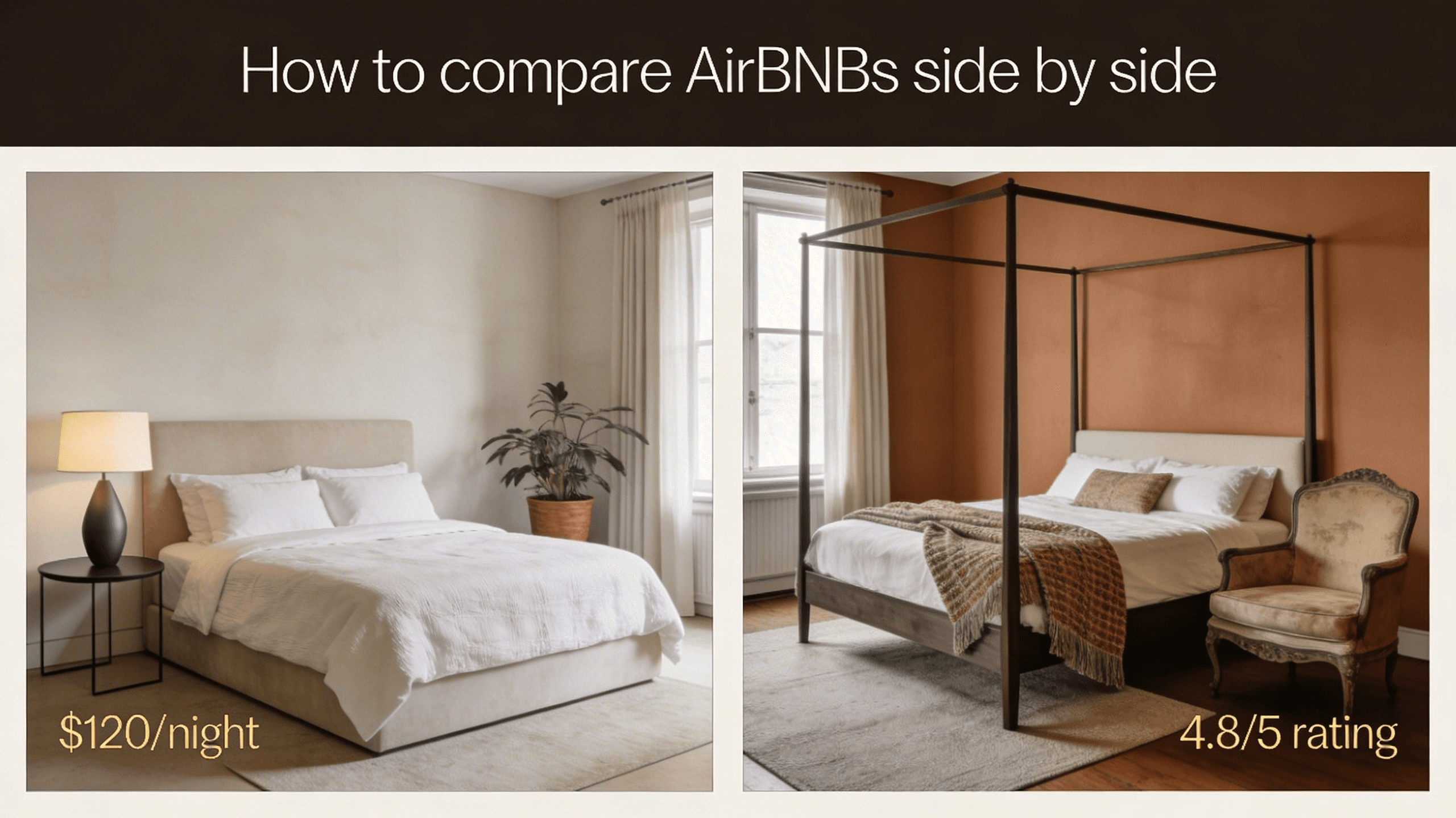 Two bedroom interiors side by side, with nightly price on one side and guest rating on the other